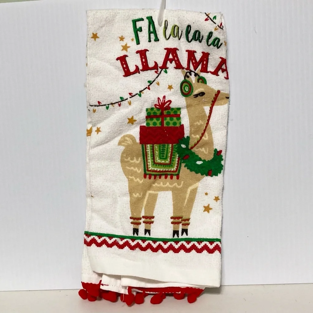 Christmas Fa la la LLAMA Red Pom Poms Kitchen Dishtowel 14 x 24 inches